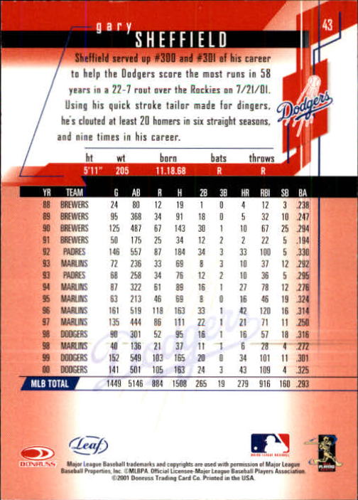 2001 Leaf Rookies and Stars Baseball "Main Set" Base Cards #1 to #300 - Picture 87 of 281
