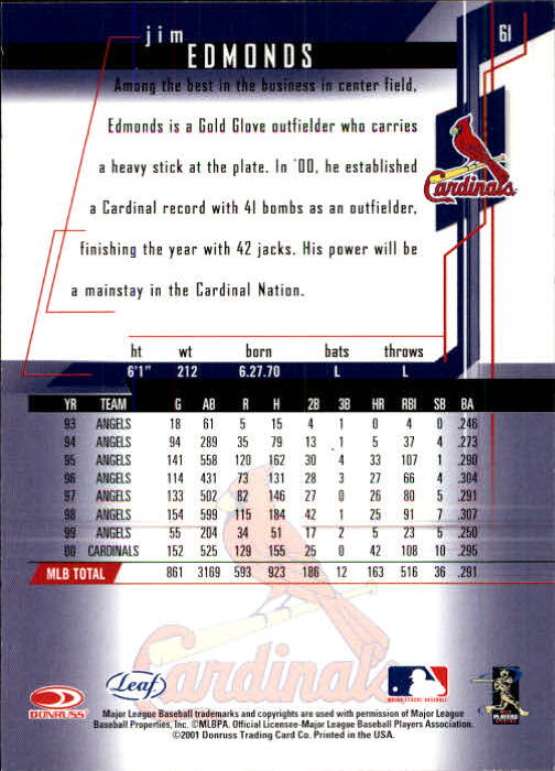 2001 Leaf Rookies and Stars Baseball "Main Set" Base Cards #1 to #300 - Picture 123 of 281