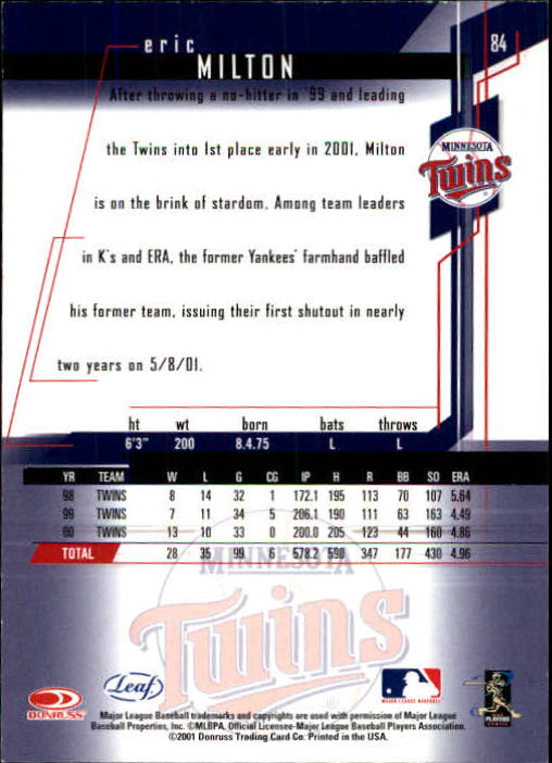 2001 Leaf Rookies and Stars Baseball "Main Set" Base Cards #1 to #300 - Picture 169 of 281