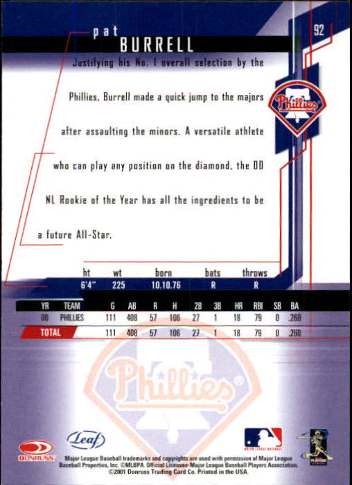 2001 Leaf Rookies and Stars Baseball "Main Set" Base Cards #1 to #300 - Picture 185 of 281