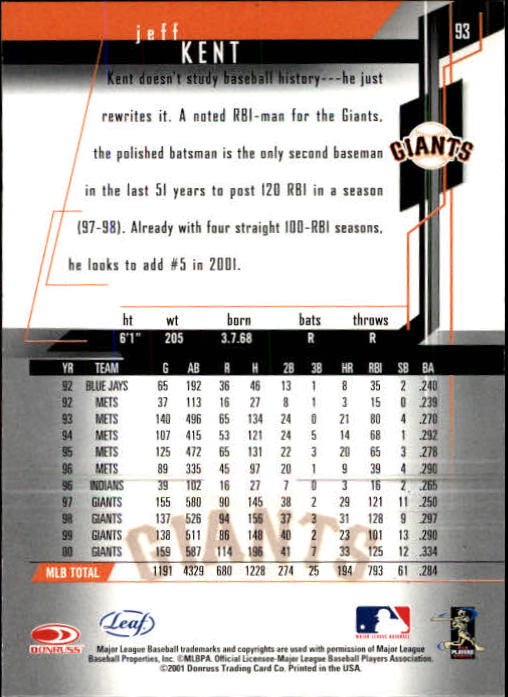 2001 Leaf Rookies and Stars Baseball "Main Set" Base Cards #1 to #300 - Picture 187 of 281