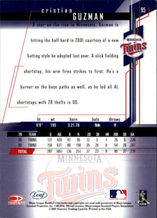 2001 Leaf Rookies and Stars Baseball "Main Set" Base Cards #1 to #300 - Picture 191 of 281
