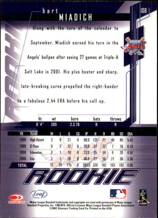 2001 Leaf Rookies and Stars Baseball "Main Set" Base Cards #1 to #300 - Picture 205 of 281