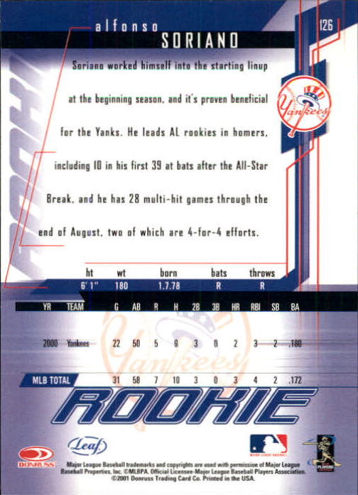 2001 Leaf Rookies and Stars Baseball "Main Set" Base Cards #1 to #300 - Picture 221 of 281