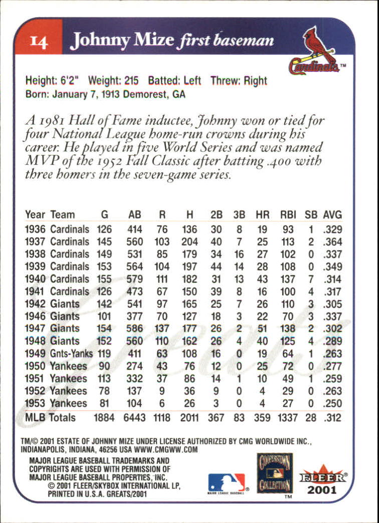 2001 Greats of the Game (Fleer) Baseball "Main Set" Cards - Picture 27 of 259