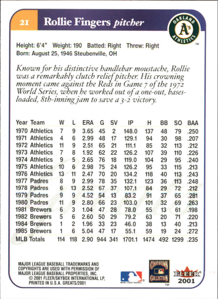 2001 Greats of the Game (Fleer) Baseball "Main Set" Cards - Picture 41 of 259