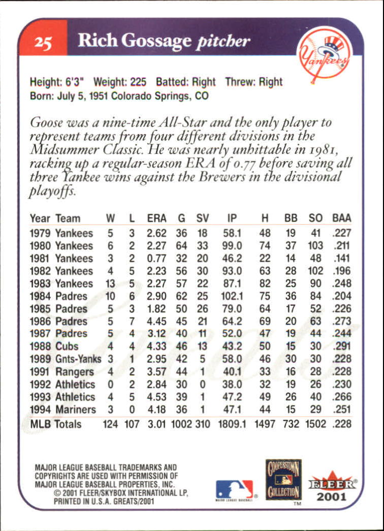 2001 Greats of the Game (Fleer) Baseball "Main Set" Cards - Picture 49 of 259