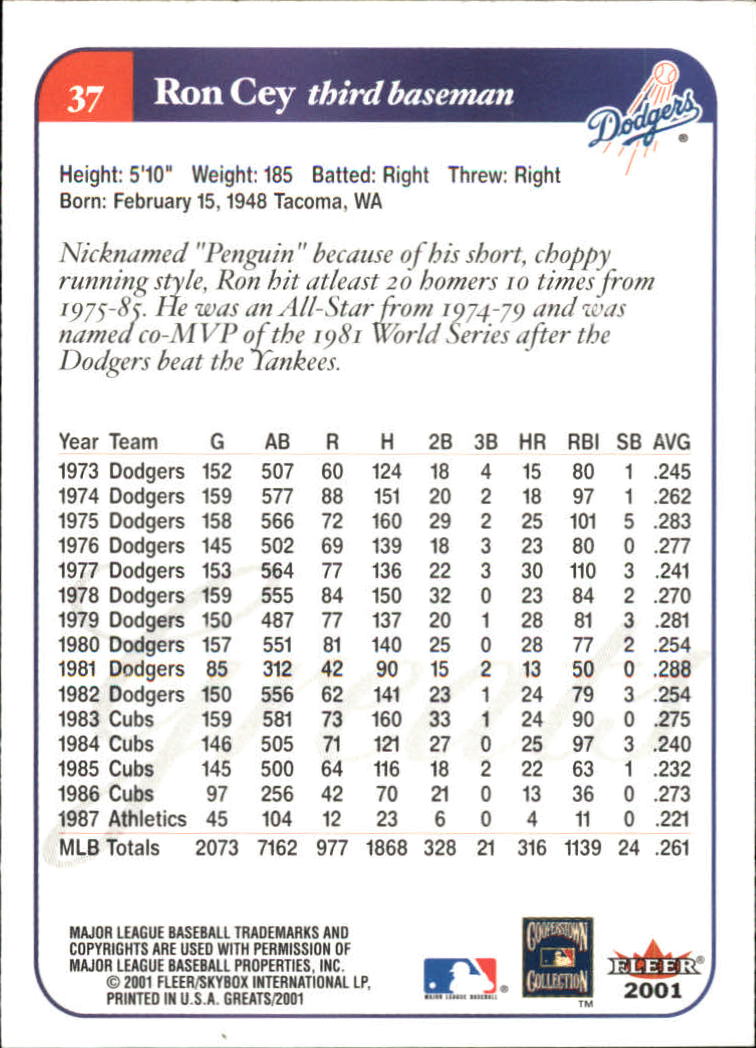 2001 Greats of the Game (Fleer) Baseball "Main Set" Cards - Picture 73 of 259