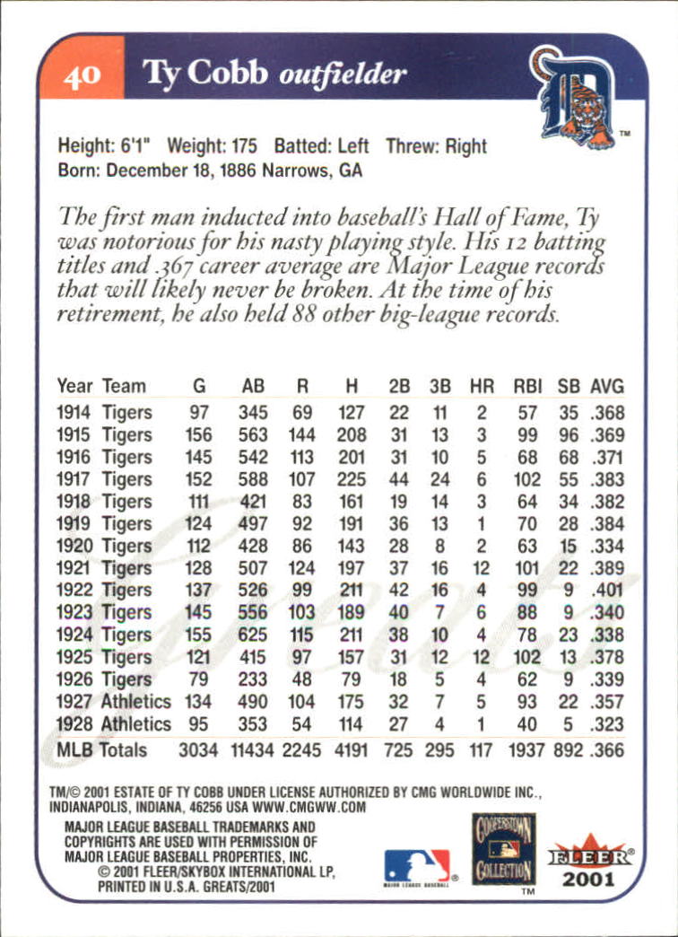 2001 Greats of the Game (Fleer) Baseball "Main Set" Cards - Picture 79 of 259