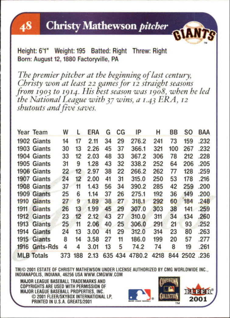 2001 Greats of the Game (Fleer) Baseball "Main Set" Cards - Picture 95 of 259
