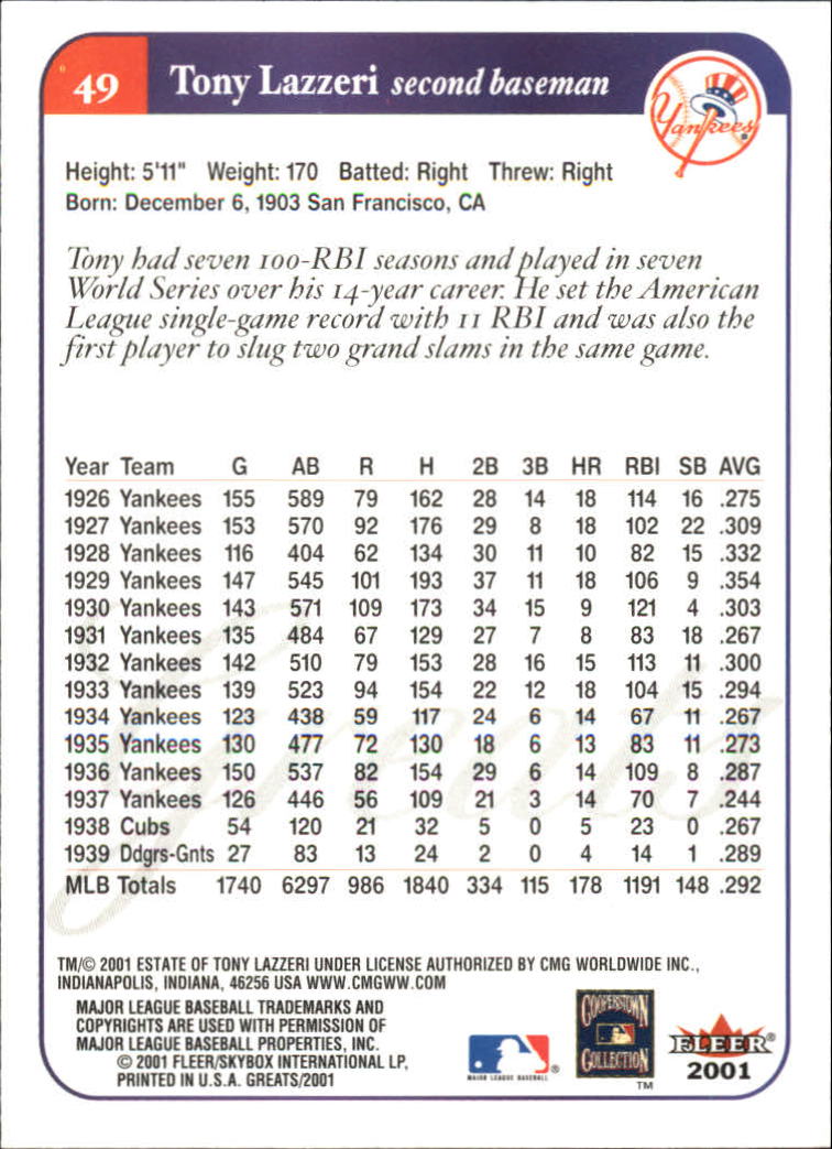 2001 Greats of the Game (Fleer) Baseball "Main Set" Cards - Picture 97 of 259
