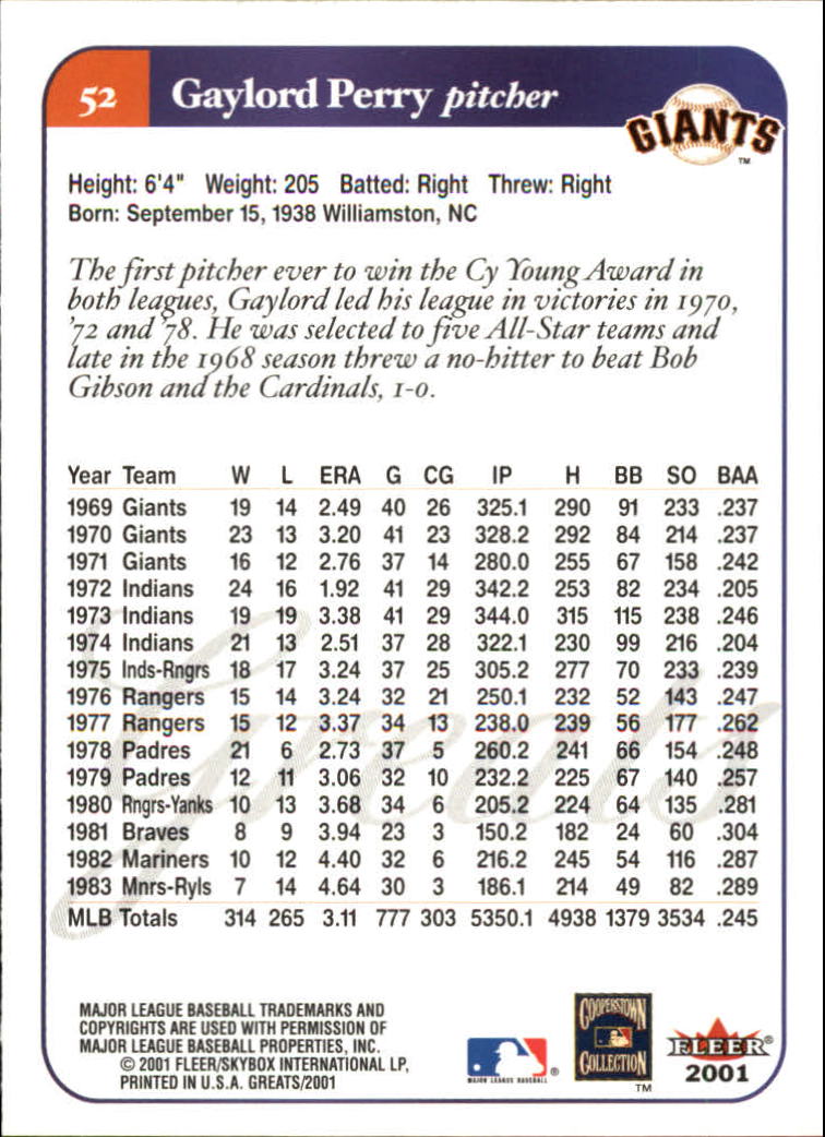 2001 Greats of the Game (Fleer) Baseball "Main Set" Cards - Picture 103 of 259