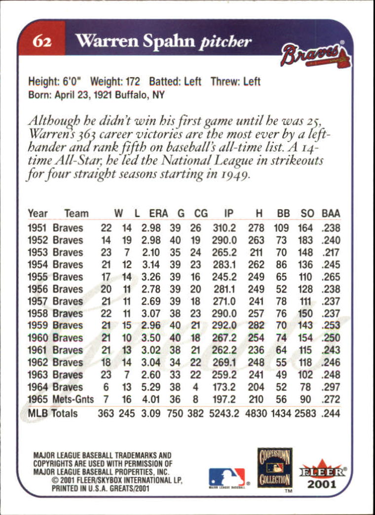 2001 Greats of the Game (Fleer) Baseball "Main Set" Cards - Picture 123 of 259