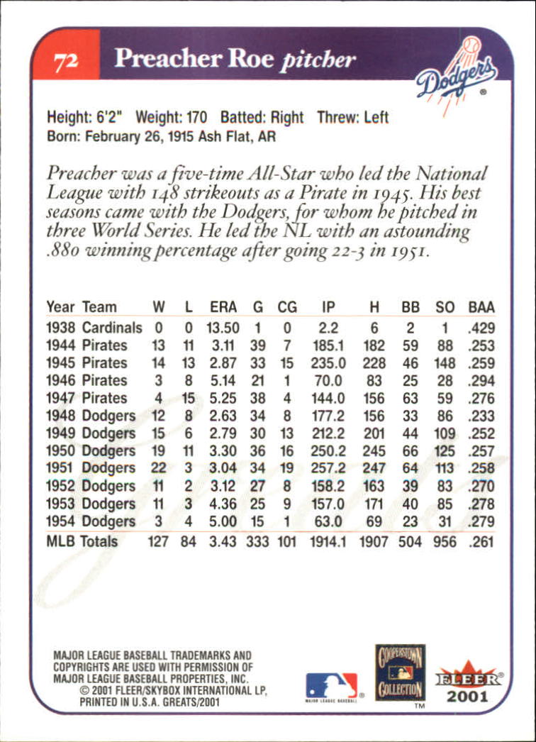 2001 Greats of the Game (Fleer) Baseball "Main Set" Cards - Picture 143 of 259