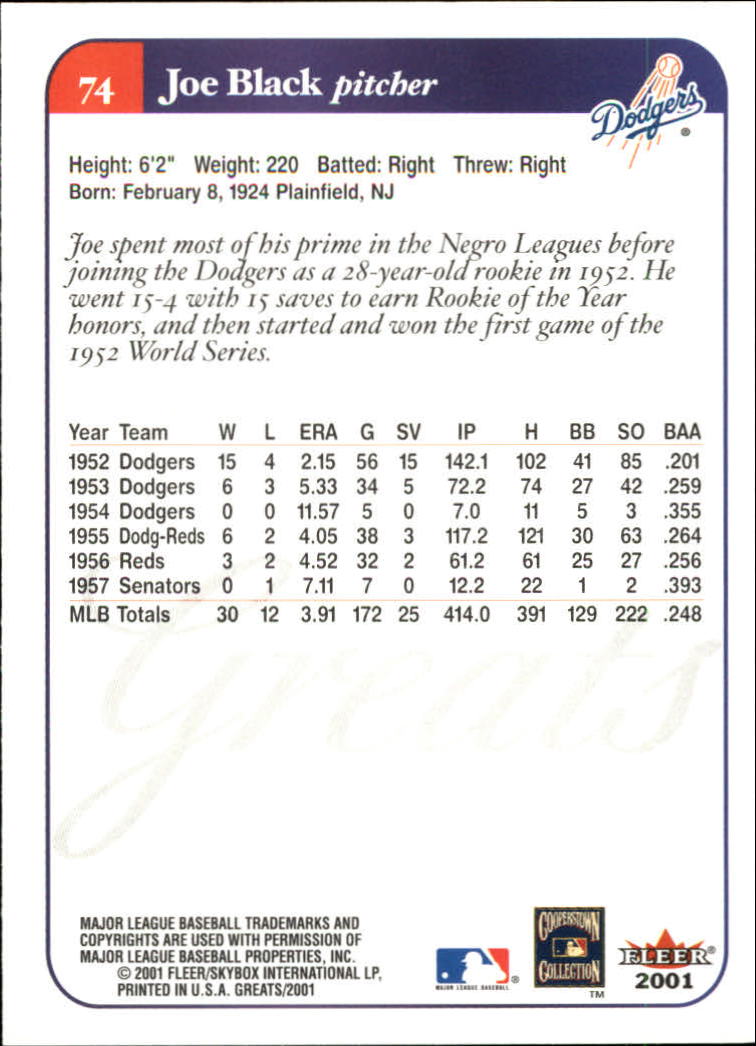 2001 Greats of the Game (Fleer) Baseball "Main Set" Cards - Picture 147 of 259
