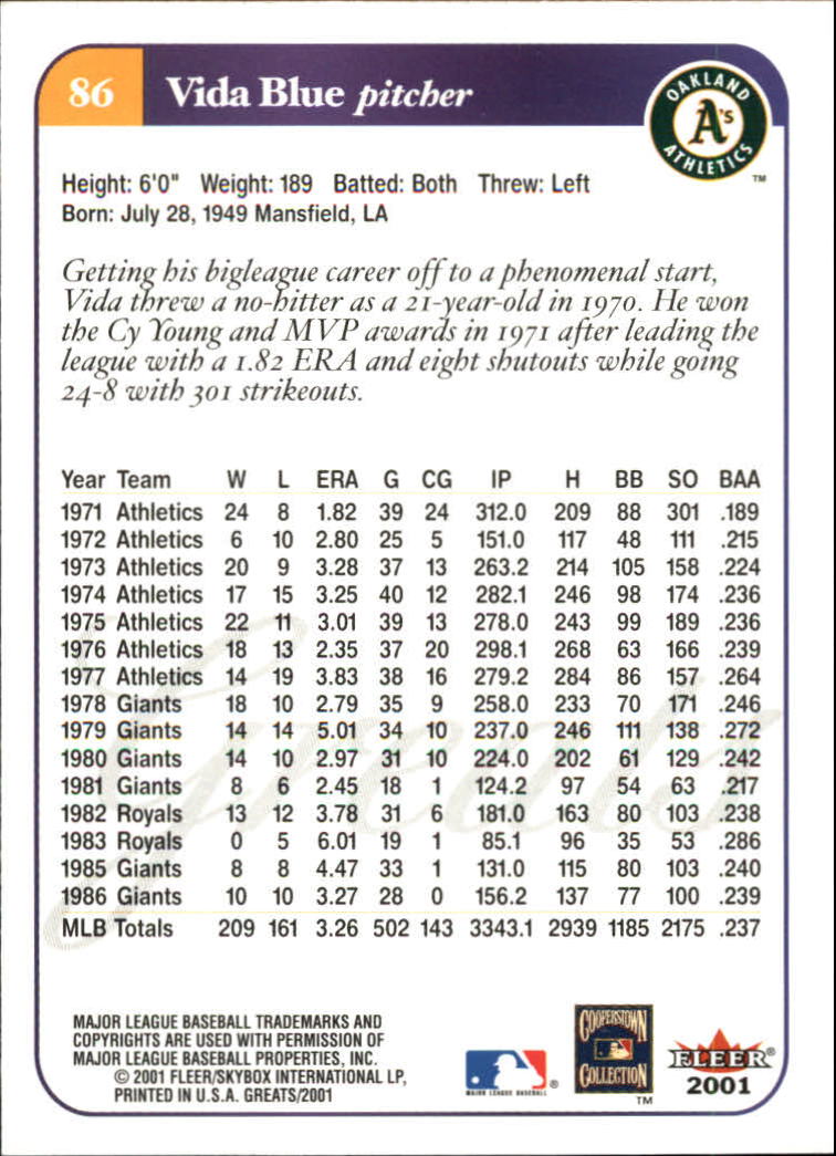 2001 Greats of the Game (Fleer) Baseball "Main Set" Cards - Picture 169 of 259