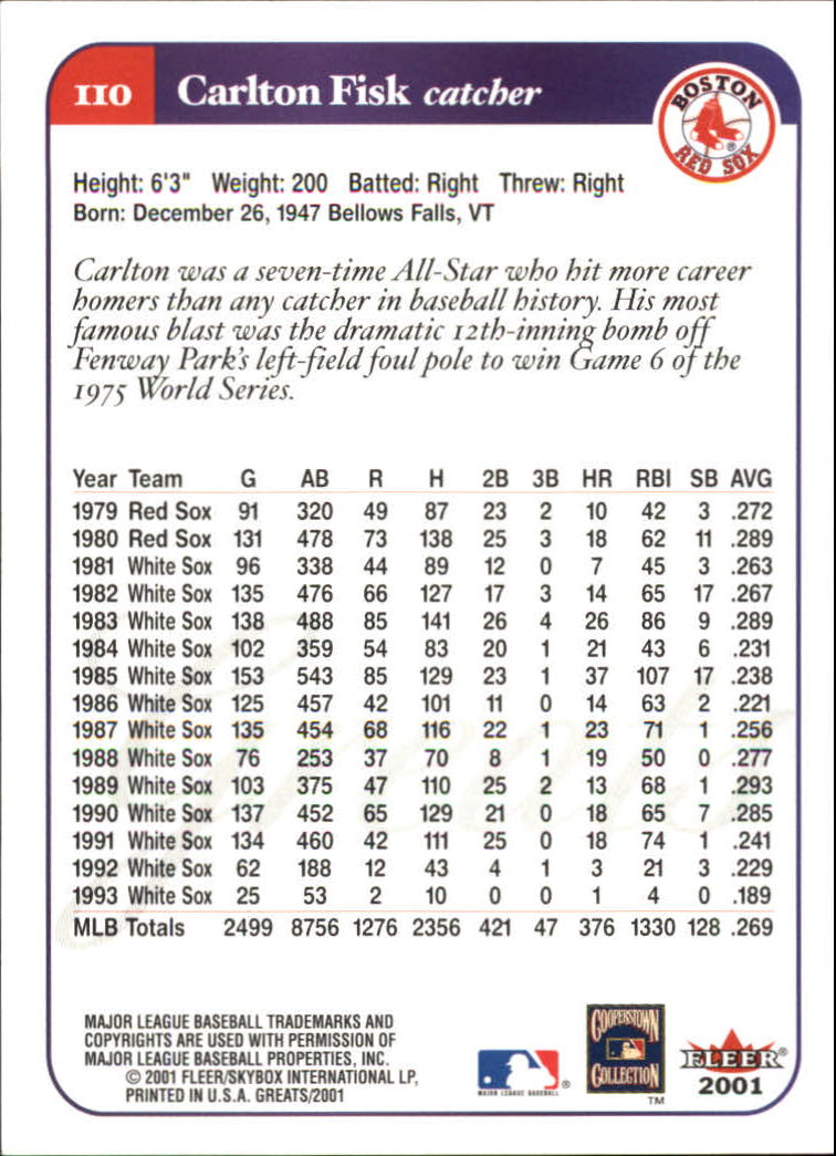 2001 Greats of the Game (Fleer) Baseball "Main Set" Cards - Picture 209 of 259