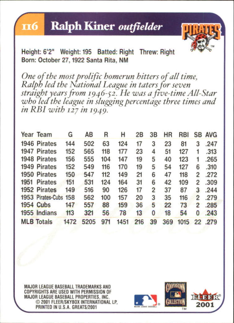 2001 Greats of the Game (Fleer) Baseball "Main Set" Cards - Picture 219 of 259