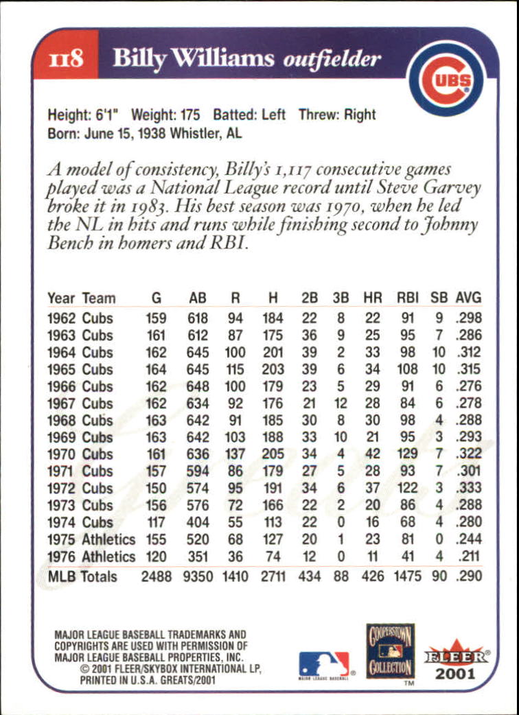 2001 Greats of the Game (Fleer) Baseball "Main Set" Cards - Picture 223 of 259