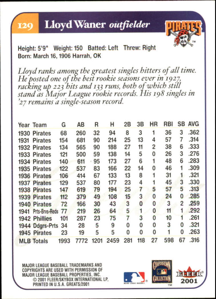 2001 Greats of the Game (Fleer) Baseball "Main Set" Cards - Picture 243 of 259