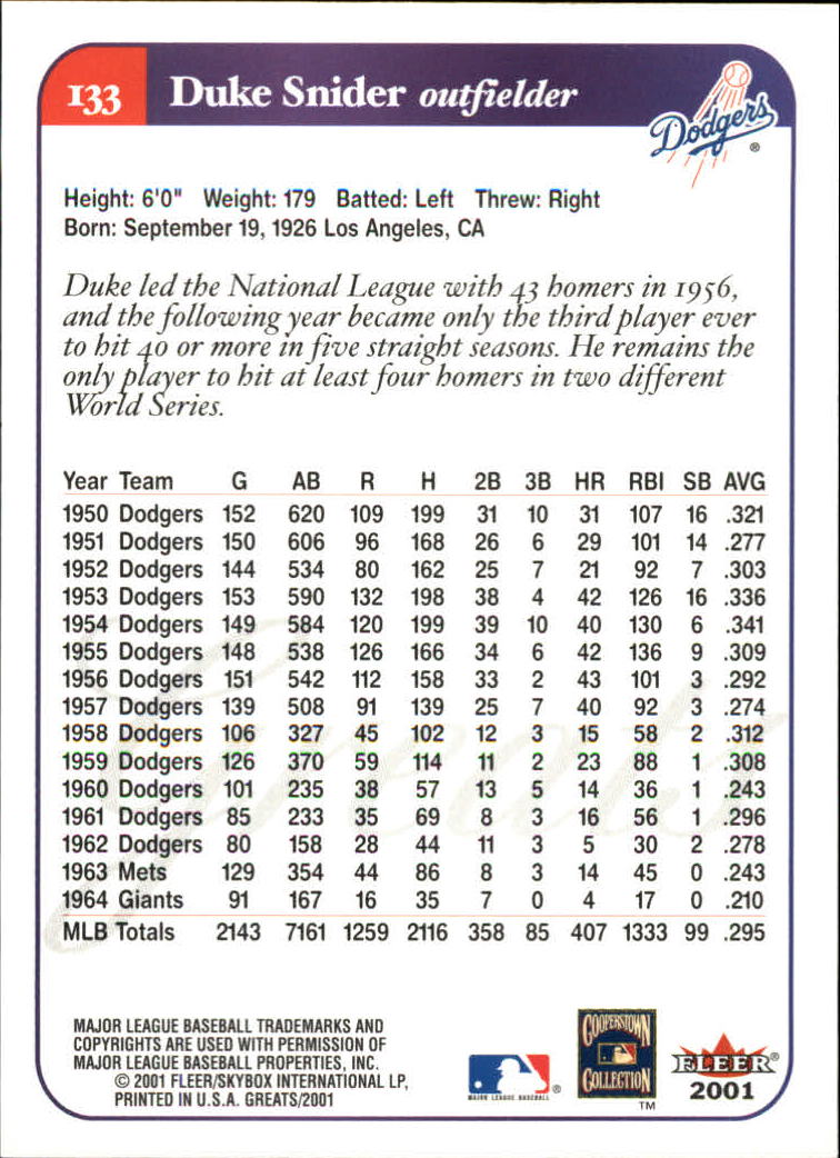 2001 Greats of the Game (Fleer) Baseball "Main Set" Cards - Picture 251 of 259