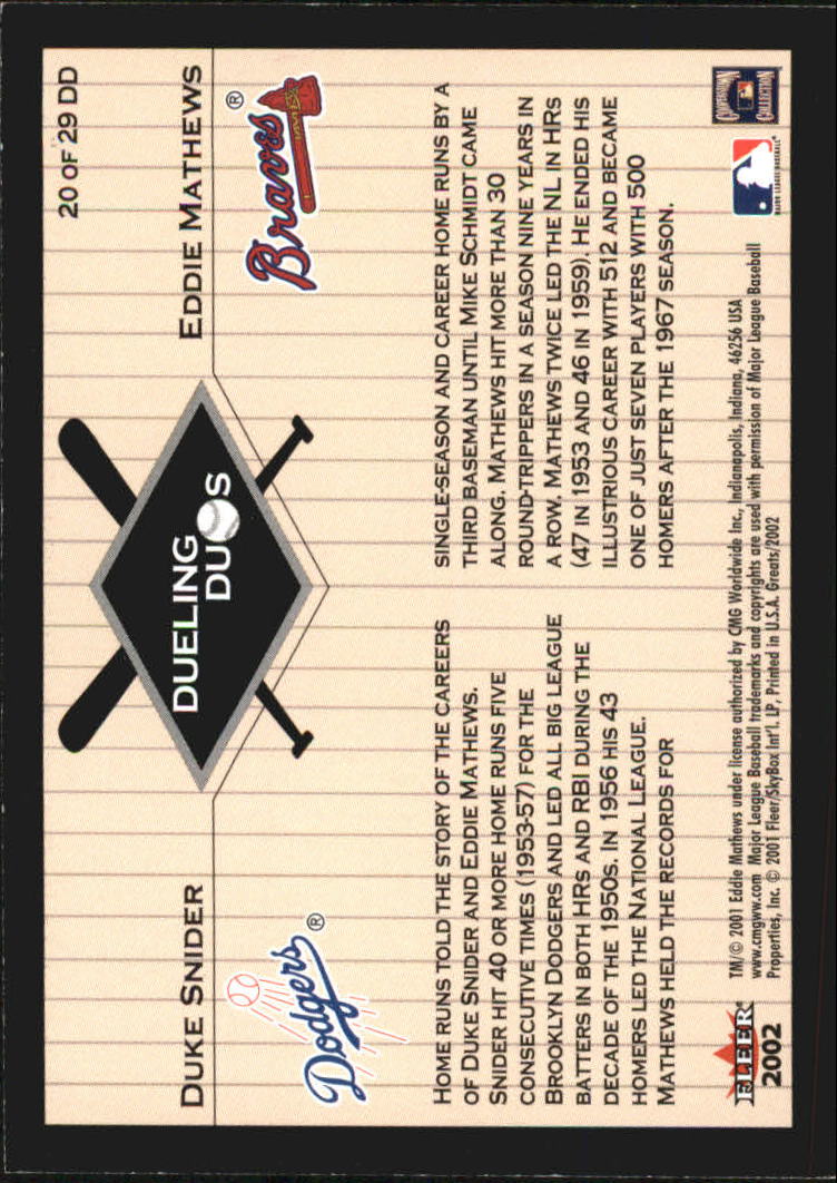 2002 Greats of the Game (Fleer) Baseball "Dueling Duos" Insert Cards - Picture 29 of 43
