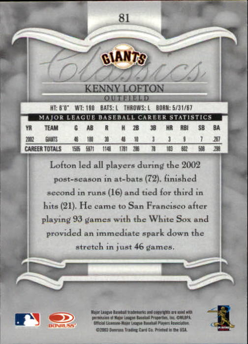 2003 Donruss Classics Baseball "Main Set" Cards #1 to #208 - Picture 163 of 227