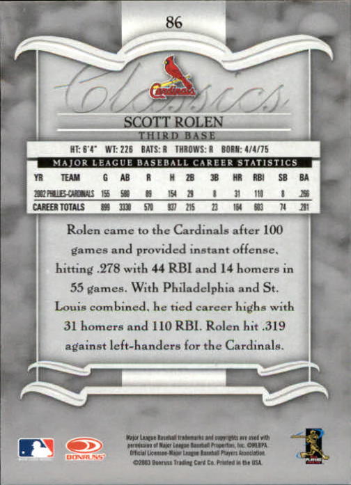 2003 Donruss Classics Baseball "Main Set" Cards #1 to #208 - Picture 173 of 227