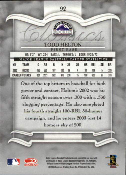 2003 Donruss Classics Baseball "Main Set" Cards #1 to #208 - Picture 185 of 227
