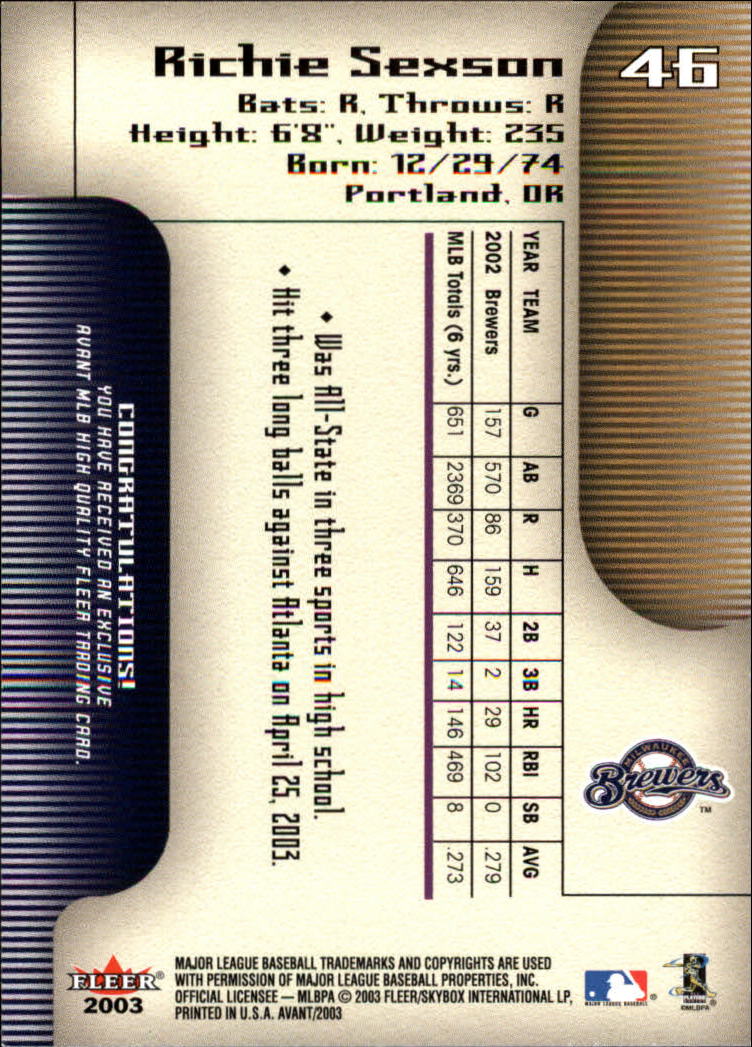 2003 Fleer Avant Baseball "Main Set" Cards #1 to #87 - Picture 84 of 130