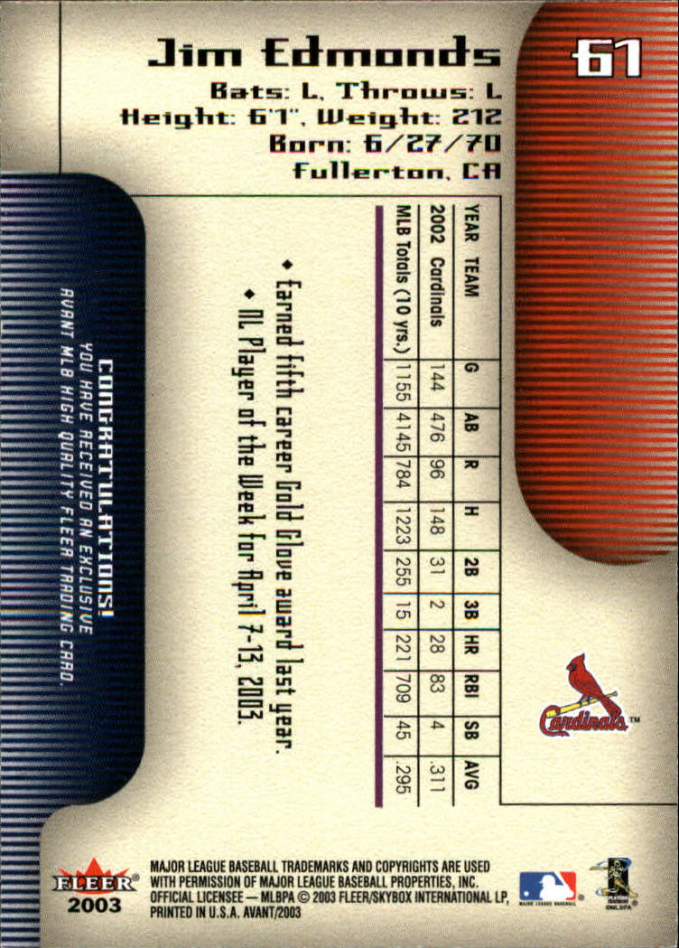 2003 Fleer Avant Baseball "Main Set" Cards #1 to #87 - Picture 112 of 130
