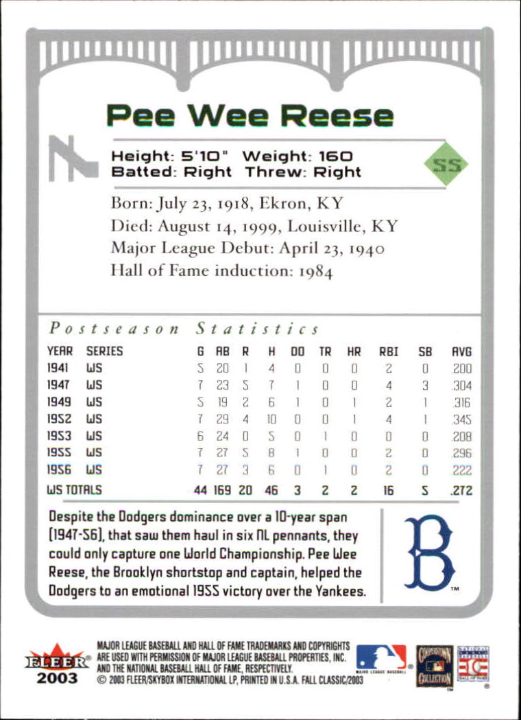 2003 Fleer Fall Classics Baseball "Main Set" Cards - Picture 15 of 197