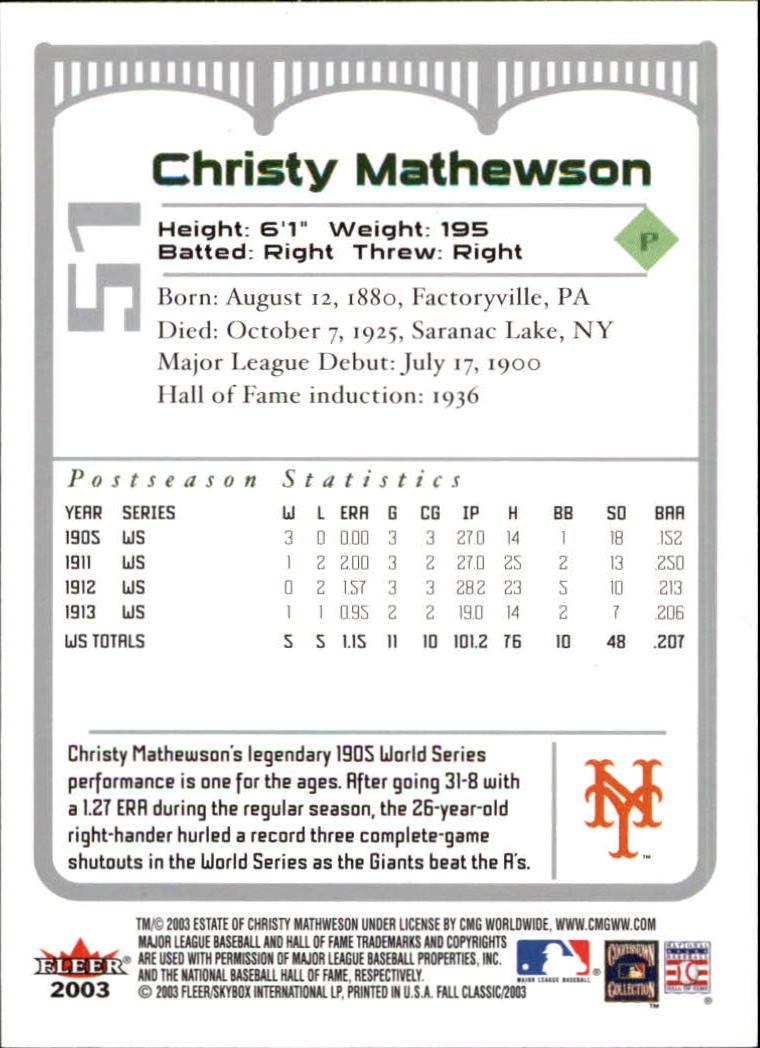 2003 Fleer Fall Classics Baseball "Main Set" Cards - Picture 115 of 197