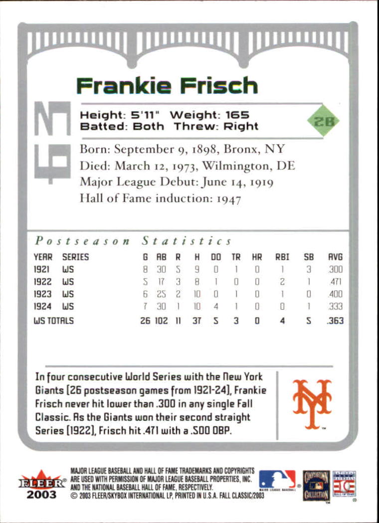 2003 Fleer Fall Classics Baseball "Main Set" Cards - Picture 143 of 197