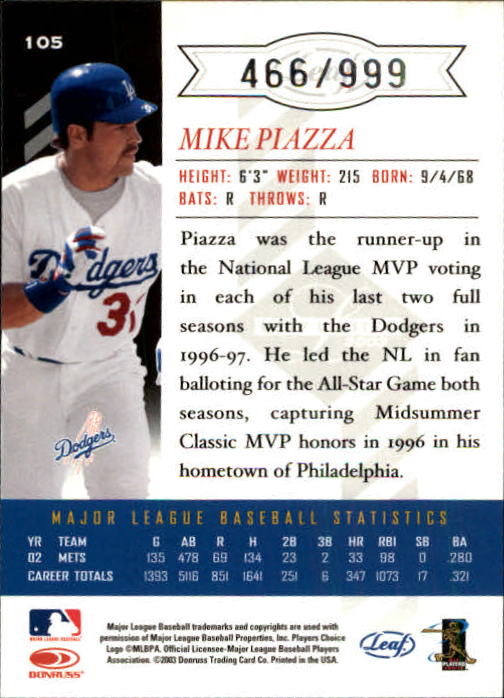 Carte Base "Main Set" Baseball 2003 Leaf Limited - Foto 13 di 33