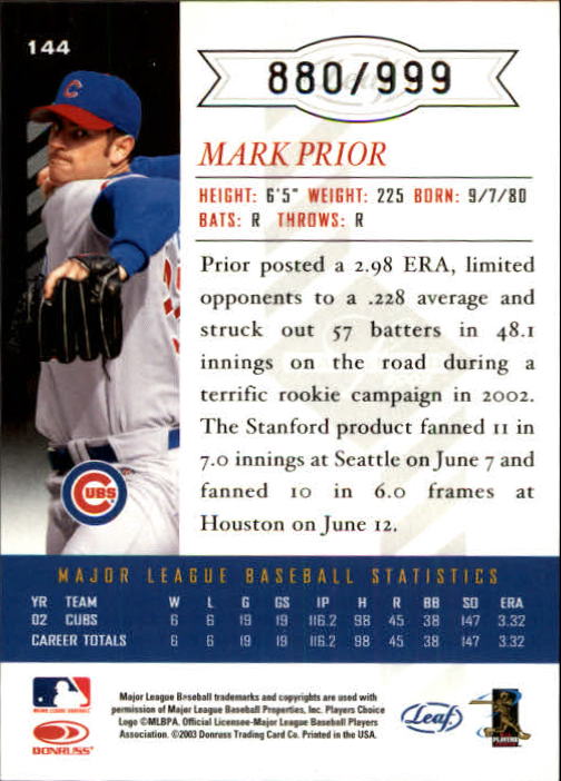 Carte Base "Main Set" Baseball 2003 Leaf Limited - Foto 25 di 33