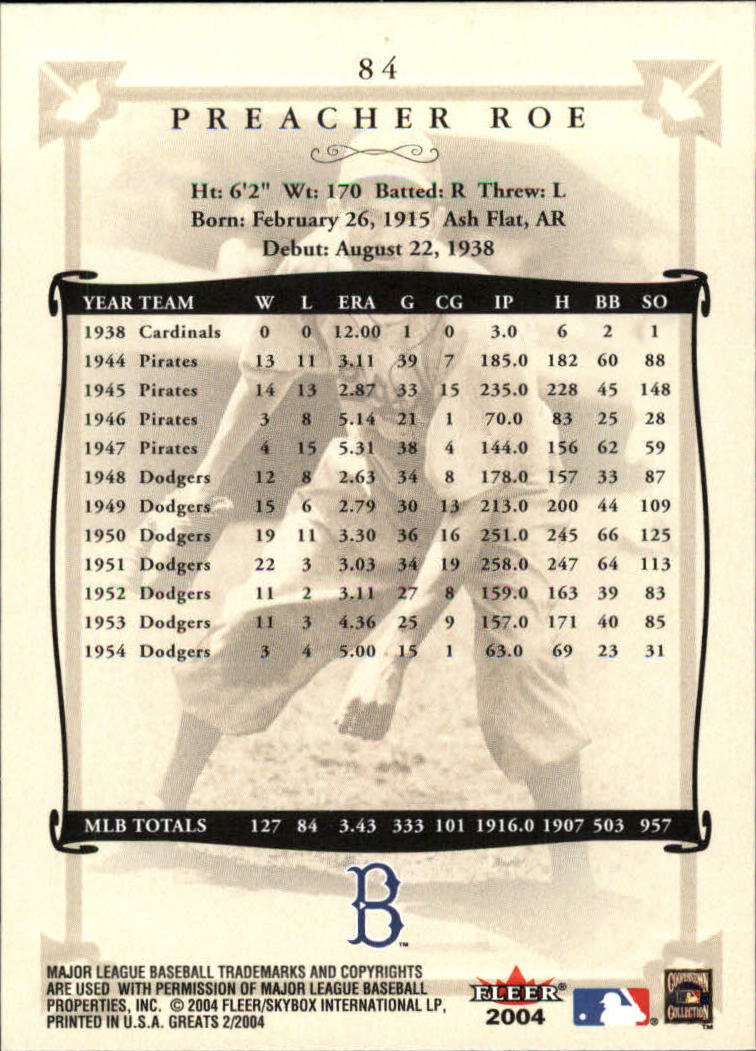 2004 Greats of the Game (Fleer) Baseball "Main Set" Cards - Picture 165 of 275