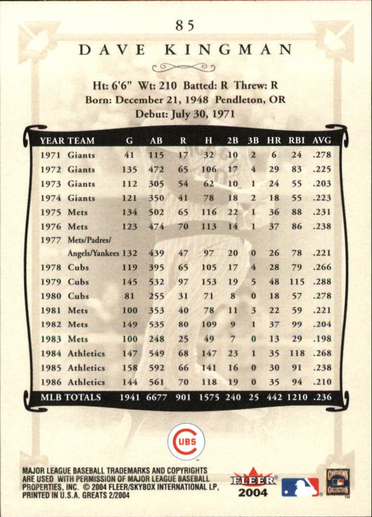 2004 Greats of the Game (Fleer) Baseball "Main Set" Cards - Picture 167 of 275