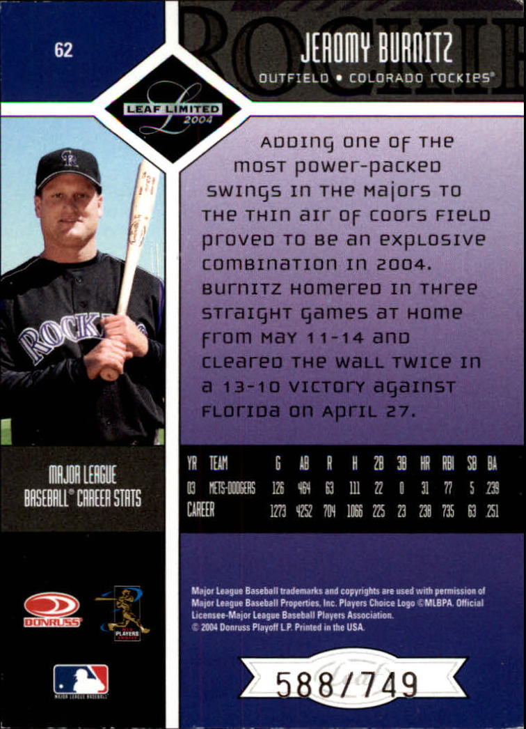 2004 Leaf Limited Baseball "Main Set" Base Cards #1 to #248 - Picture 51 of 191