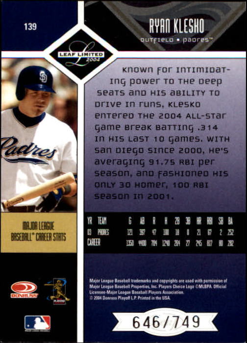 2004 Leaf Limited Baseball "Main Set" Base Cards #1 to #248 - Picture 121 of 191