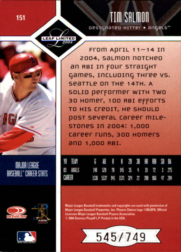 2004 Leaf Limited Baseball "Main Set" Base Cards #1 to #248 - Picture 133 of 191