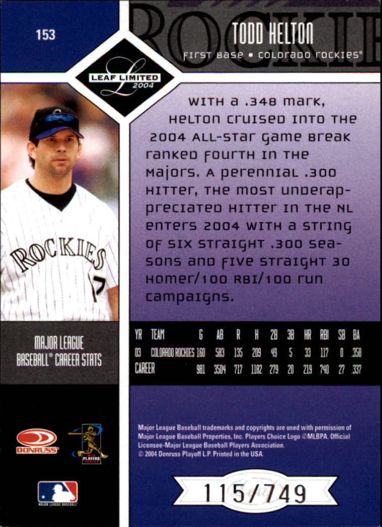 2004 Leaf Limited Baseball "Main Set" Base Cards #1 to #248 - Picture 135 of 191