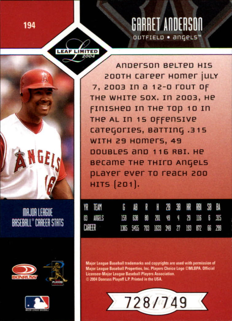 2004 Leaf Limited Baseball "Main Set" Base Cards #1 to #248 - Picture 165 of 191