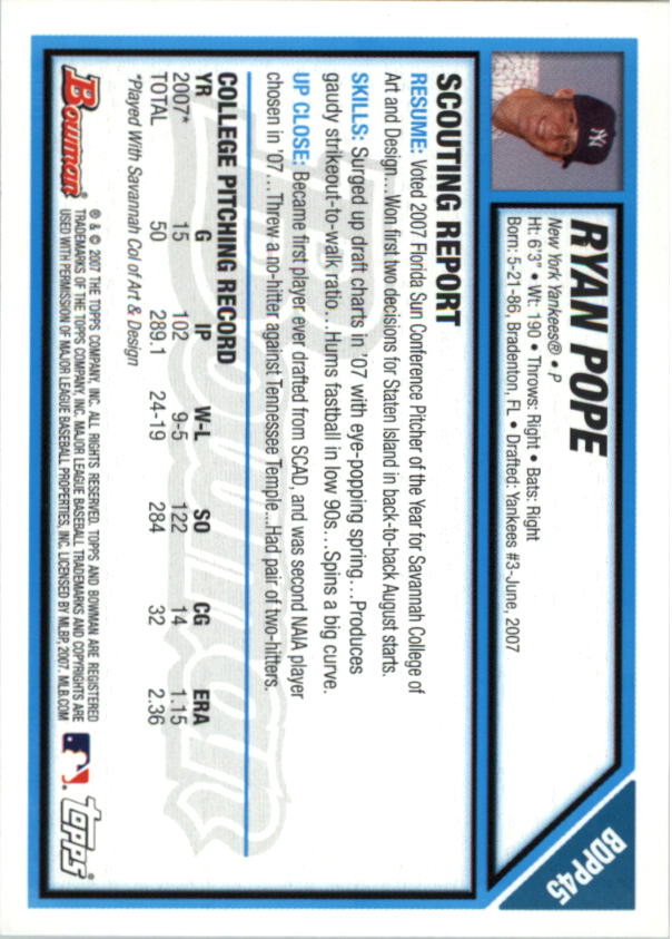 2007 Bowman Draft Baseball Part 1 Main Set (Paper) - Picture 194 of 316