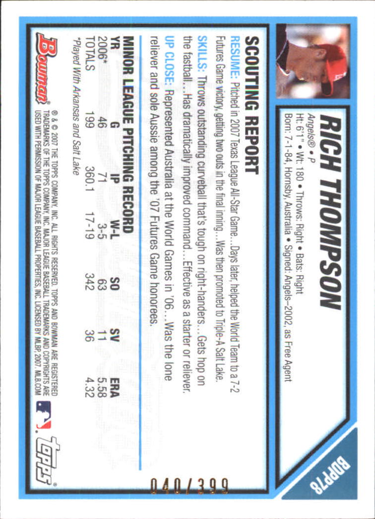 2007 Bowman Draft Baseball Part 2 Main Set (Paper) Parallel Cards - Picture 120 of 273