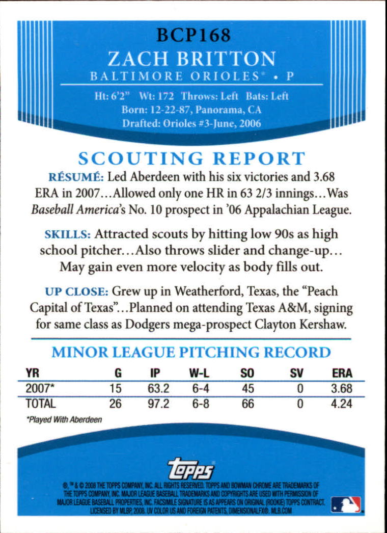 2008 Bowman Chrome Baseball "Prospects" Insert and Autograph Cards - Picture 183 of 339