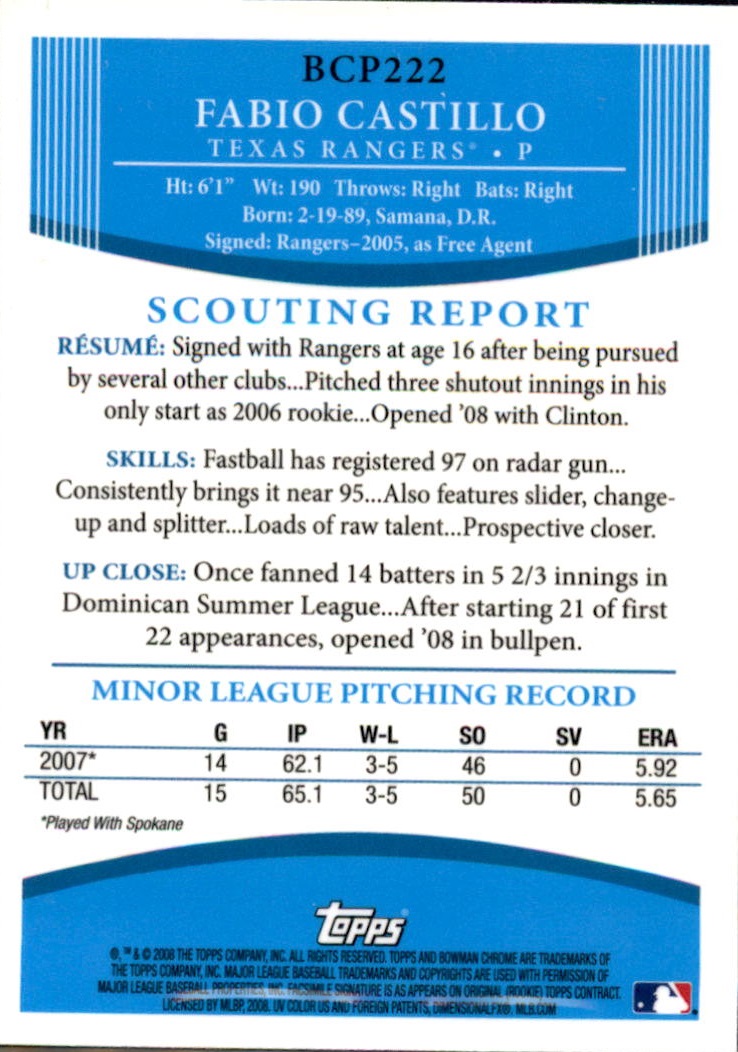 2008 Bowman Chrome Baseball "Prospects" Insert and Autograph Cards - Picture 287 of 339