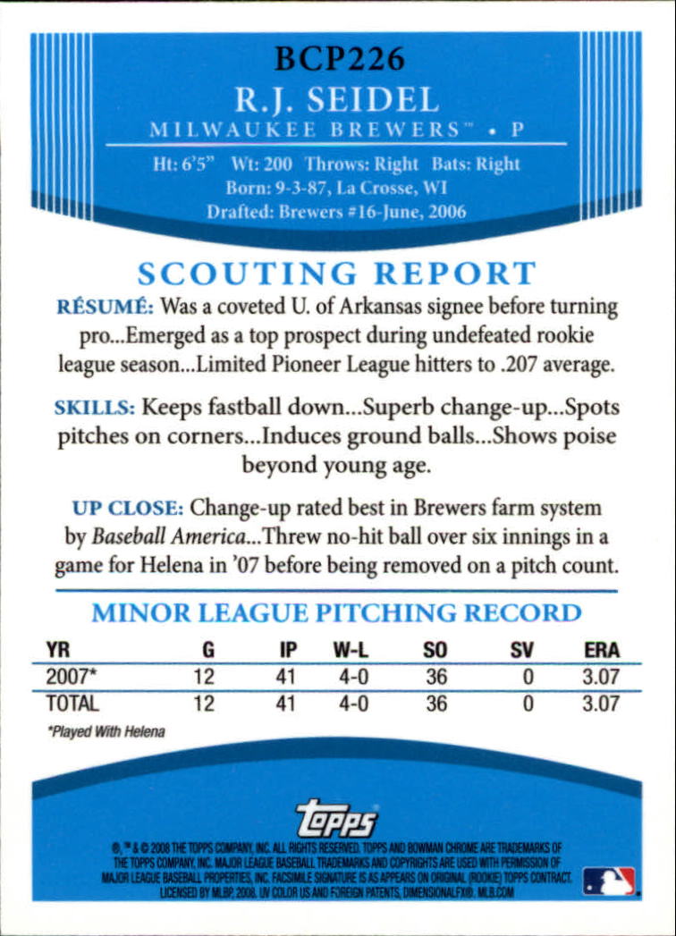 2008 Bowman Chrome Baseball "Prospects" Insert and Autograph Cards - Picture 295 of 339