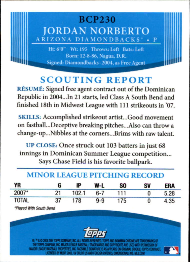 2008 Bowman Chrome Baseball "Prospects" Insert and Autograph Cards - Picture 303 of 339