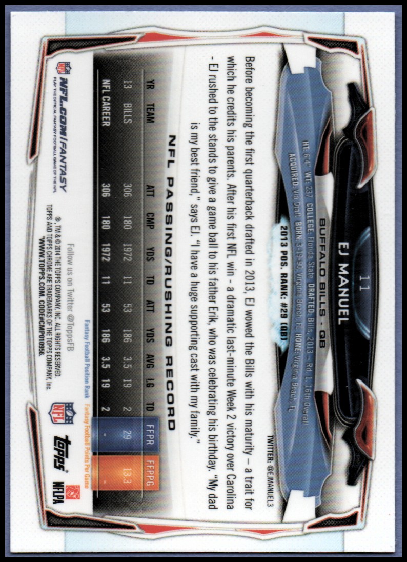 2014 Topps Chrome Football Part 1 Main Set Cards #1 to #220 - Picture 23 of 415